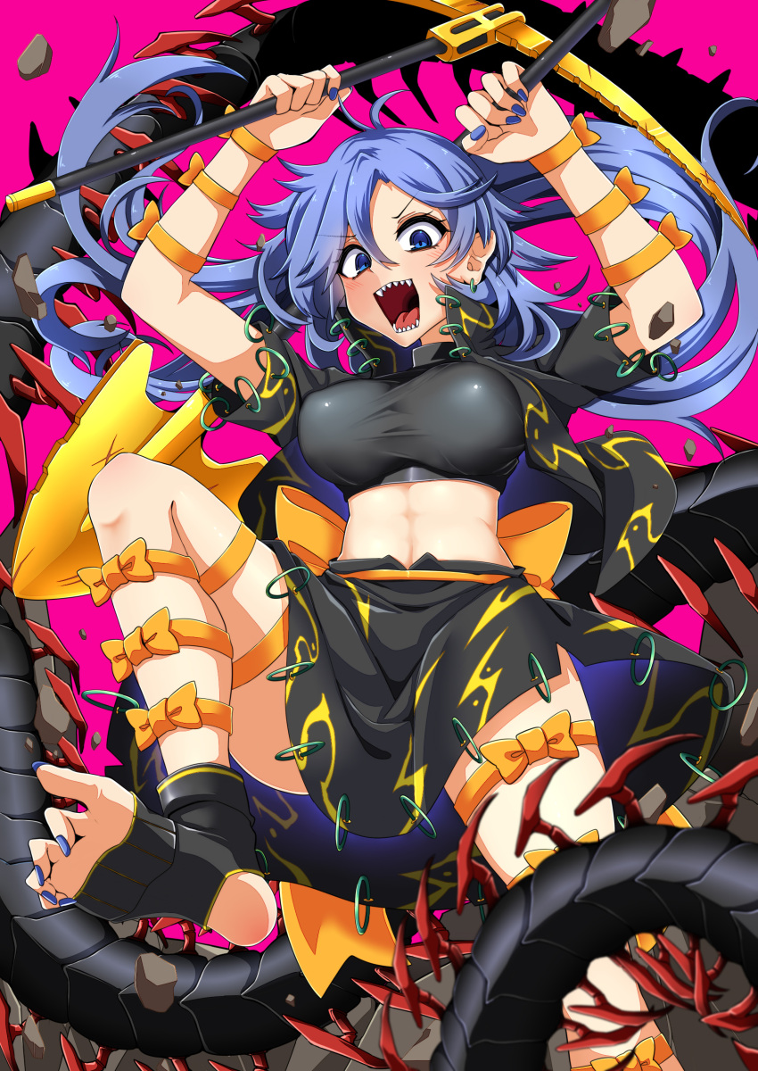 absurdres black_shirt black_skirt black_socks black_sports_bra blue_eyes blue_hair blue_nails blush breasts crop_top feet female fingernails from_below highres himemushi_momoyo holding holding_pickaxe long_hair medium_breasts midriff nail_polish open_clothes open_mouth open_shirt pickaxe rihito_(usazukin) sharp_teeth shirt skirt smile socks solo sports_bra teeth toenail_polish toenails touhou under_shot