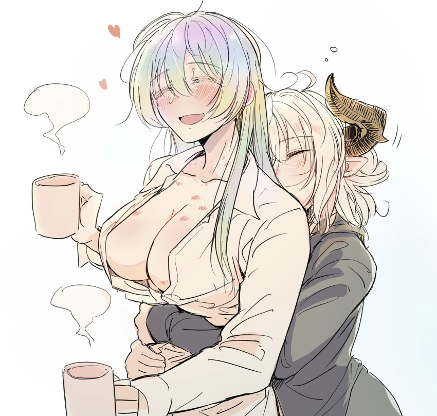 2girls bite_mark bite_mark_on_shoulder black_jacket blush breasts cleavage closed_eyes collarbone collared_shirt cup cupitan_(granblue_fantasy) draph granblue_fantasy grey_hair heart hickey highres holding holding_cup horns hug hug_from_behind jacket jingo_kajiki large_breasts long_hair long_sleeves multicolored_hair multiple_girls partially_unbuttoned rainbow_hair shirt short_hair sidelocks squeans standing steam tristette_(granblue_fantasy) upper_body white_background white_shirt yuri