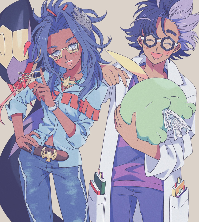 1boy :d belt black-framed_eyewear blue_shirt blush brown_belt coat collared_shirt commentary_request dark-skinned_female dark_skin denim eyelashes female glasses grey_eyes gulpin hair_ornament hand_on_own_hip hand_up highres holding holding_pokemon jacq_(pokemon) jeans key keyring komasawa_(fmn-ppp) open_clothes open_coat open_mouth pants pointing pokemon pokemon_(creature) pokemon_sv raifort_(pokemon) semi-rimless_eyewear seviper shirt sleeves_rolled_up smile sweatdrop teeth upper_teeth_only white_coat yellow-framed_eyewear