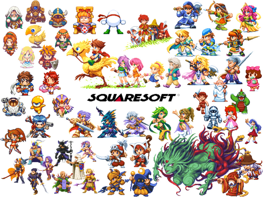 aisha_(saga) apple_town_story barbara_(romancing_saga) bartz_klauser black_mage_(final_fantasy) blonde_hair blue_eyes boots breasts brown_hair cape cecil_harvey character_request chocobo closed_mouth cloud_of_darkness company_connection crystal_dragon_(series) cynthia_rexserias dragoon_(final_fantasy) dress edward_geraldine esper_(saga) faris_scherwiz final_fantasy final_fantasy_5 final_fantasy_i final_fantasy_ii final_fantasy_iii final_fantasy_iv firion galuf_halm_baldesion green_eyes hanjuku_hero hero_(sd1) heroine_(seiken_densetsu_1) highres human_(saga) jewelry kain_highwind king's_knight knight_(final_fantasy) krile_mayer_baldesion_(ff5) lenna_charlotte_tycoon long_hair looking_at_viewer maria_(ff2) multiple_boys multiple_girls onion_knight open_mouth pink_hair pixel_art pixelflag ponytail purple_hair red_mage_(final_fantasy) romancing_saga rosa_farrell rydia_(ff4) saga saga_1 saga_2 saga_3 seiken_densetsu seiken_densetsu_1 sharon_(saga) short_hair simple_background skirt smile teacher_(saga_2) warrior_of_light_(ff1) weapon white_background white_mage_(final_fantasy)