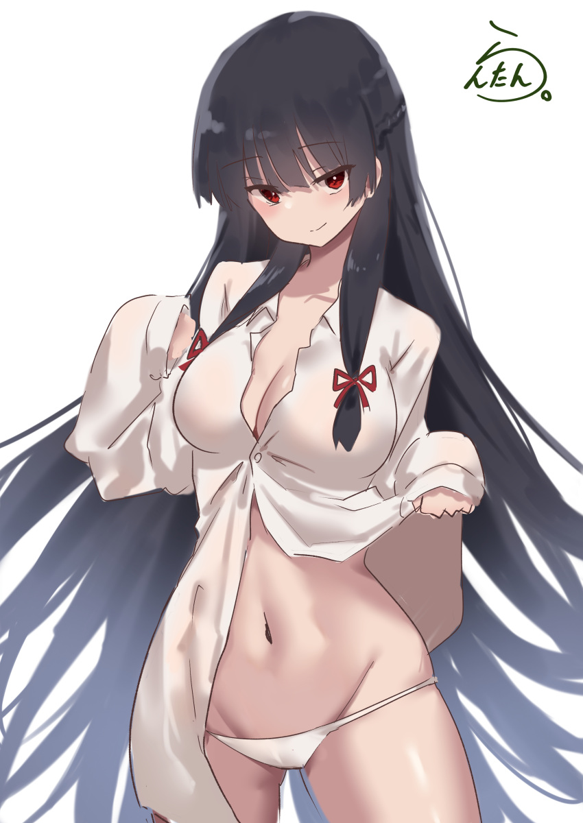 absurdres alternate_costume artist_logo black_hair breasts cleavage collared_shirt dress_shirt female hair_ribbon highres isokaze_(kancolle) kantai_collection lanthan long_hair lowleg lowleg_panties medium_breasts one-hour_drawing_challenge panties red_eyes ribbon shirt simple_background sleeves_past_wrists solo tress_ribbon underwear white_background white_panties white_shirt