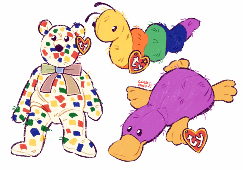 2023 beanie_babies bear bill_(anatomy) blue_body blue_fur cocopudu confetti feet fur fur_pattern green_body green_fur hi_res inch_(beanie_babies) mammal membrane_(anatomy) monotreme multicolored_body multicolored_fur orange_body patti_(beanie_babies) platypus purple_body purple_fur red_body red_fur simple_background toes ty_2k webbed_feet white_background white_body white_fur yellow_body yellow_fur