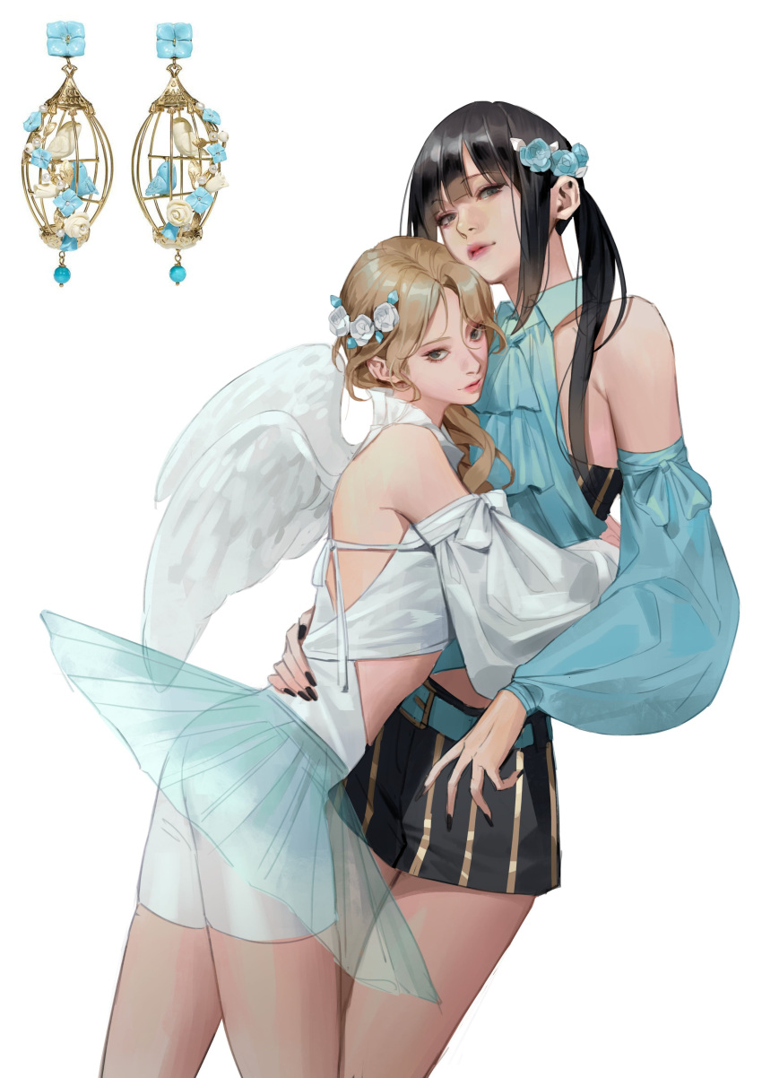 2girls absurdres ballerina bare_shoulders black_hair black_nails black_shorts blonde_hair blue_flower blue_rose bodysuit closed_mouth cowboy_shot detached_sleeves dimple earrings_removed feathered_wings flat_chest flower hair_flower hair_ornament hair_over_shoulder hand_on_another's_waist height_difference highres hug korean_commentary layered_clothes lipstick long_hair makeup multiple_girls nail_polish original osuk2 pink_lips puffy_sleeves reference_inset rose see-through see-through_skirt shorts side_ponytail sidelocks simple_background skirt smile tutu white_background white_bodysuit white_flower white_rose white_wings wings