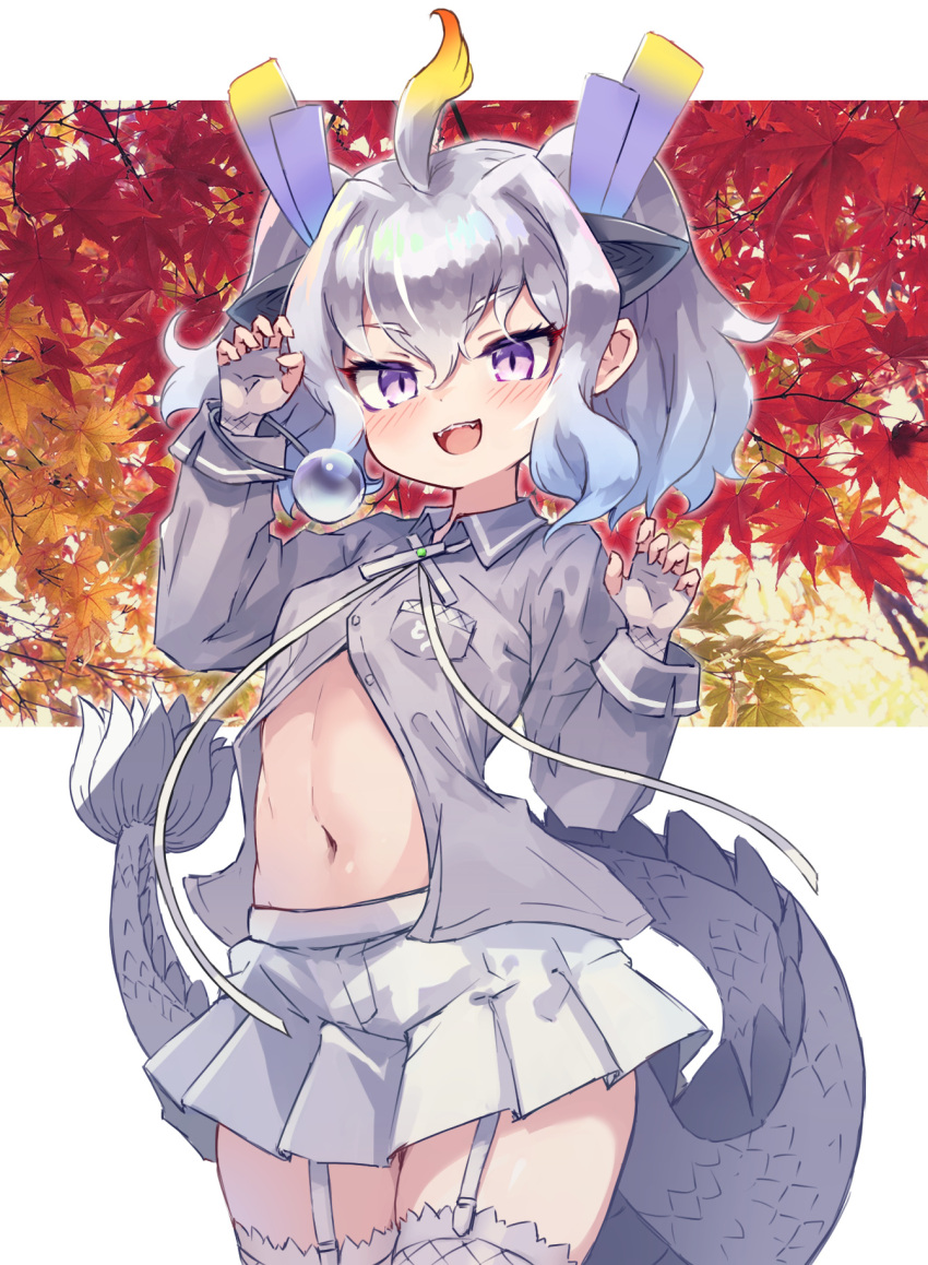 blush claw_pose collared_shirt cowboy_shot dragon_ears dragon_girl dragon_horns dragon_tail extra_ears female fingerless_gloves garter_straps gloves grey_gloves grey_hair grey_shirt highres horns kemono_friends kolshica long_sleeves midriff navel open_clothes open_mouth open_shirt pleated_skirt purple_eyes scales shirt short_hair short_twintails skirt smile solo tail thighhighs twintails white_dragon_(kemono_friends) white_hair white_skirt white_thighhighs zettai_ryouiki