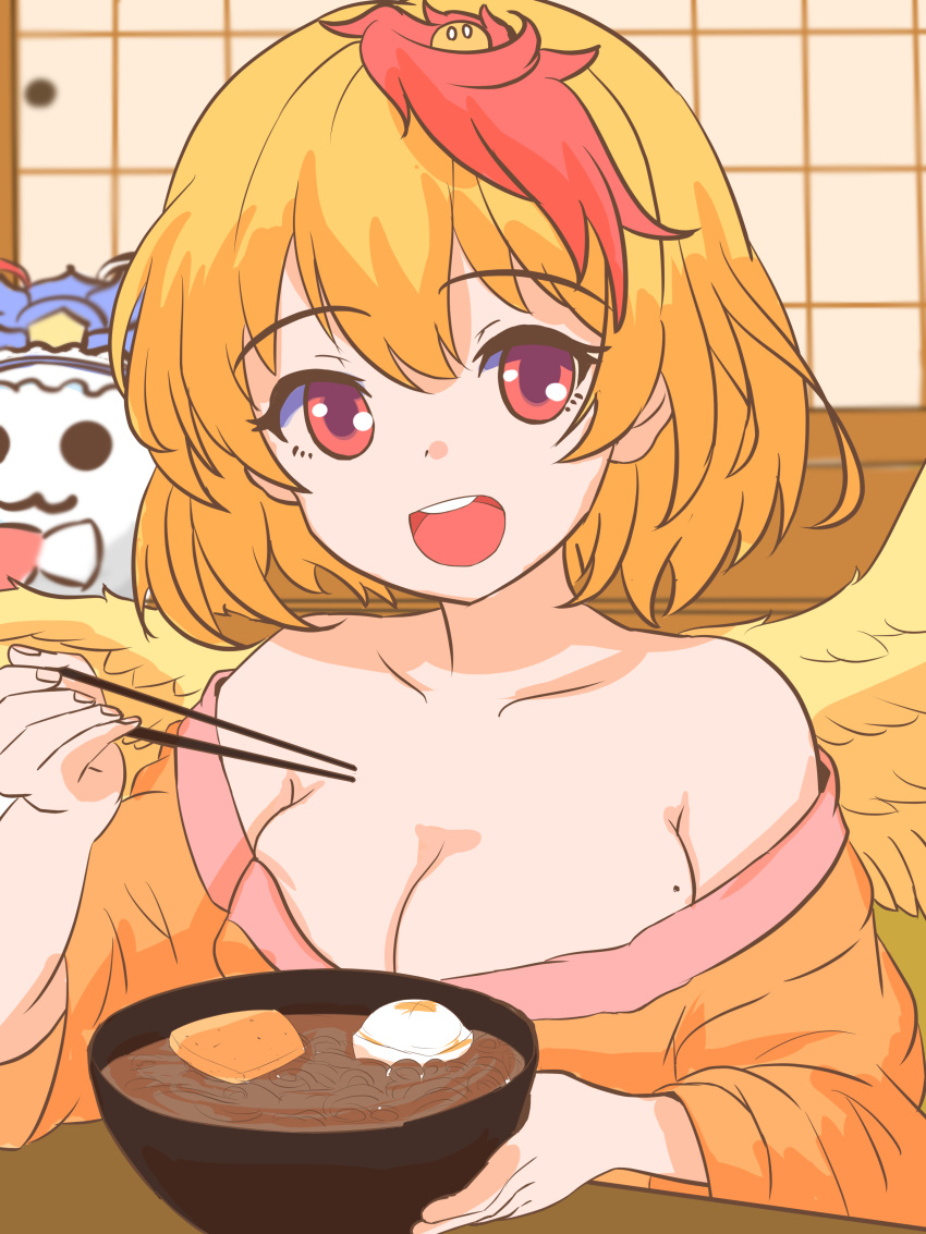 absurdres animal_on_head bare_shoulders bird_wings blonde_hair bowl breasts chopsticks cleavage feathered_wings female food highres holding holding_chopsticks indoors japanese_clothes kimono mochi mole mole_on_breast multicolored_hair nito2230 niwatari_kutaka noodles on_head open_mouth orange_kimono red_eyes red_hair short_hair smile soba solo teeth touhou two-tone_hair upper_body upper_teeth_only wings yellow_wings