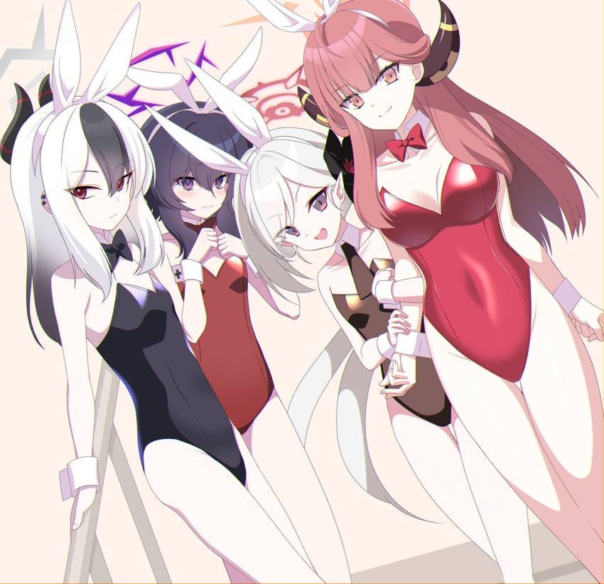 4girls :d alternate_costume animal_ears aru_(blue_archive) black_hair black_leotard blue_archive blunt_bangs breasts collarbone commentary_request demon_girl demon_horns detached_collar ear_piercing eko fake_animal_ears flower gradient_hair grey_eyes groin hair_between_eyes hair_down hair_flower hair_ornament hairband halo haruka_(blue_archive) highleg highleg_leotard highres horns kayoko_(blue_archive) leotard long_hair looking_at_viewer multicolored_hair multiple_girls mutsuki_(blue_archive) piercing playboy_bunny pointy_ears problem_solver_68_(blue_archive) purple_eyes rabbit_ears red_eyes red_hair red_leotard short_hair short_hair_with_long_locks side_ponytail sidelocks smile stairs strapless strapless_leotard two-tone_hair white_hair wrist_cuffs