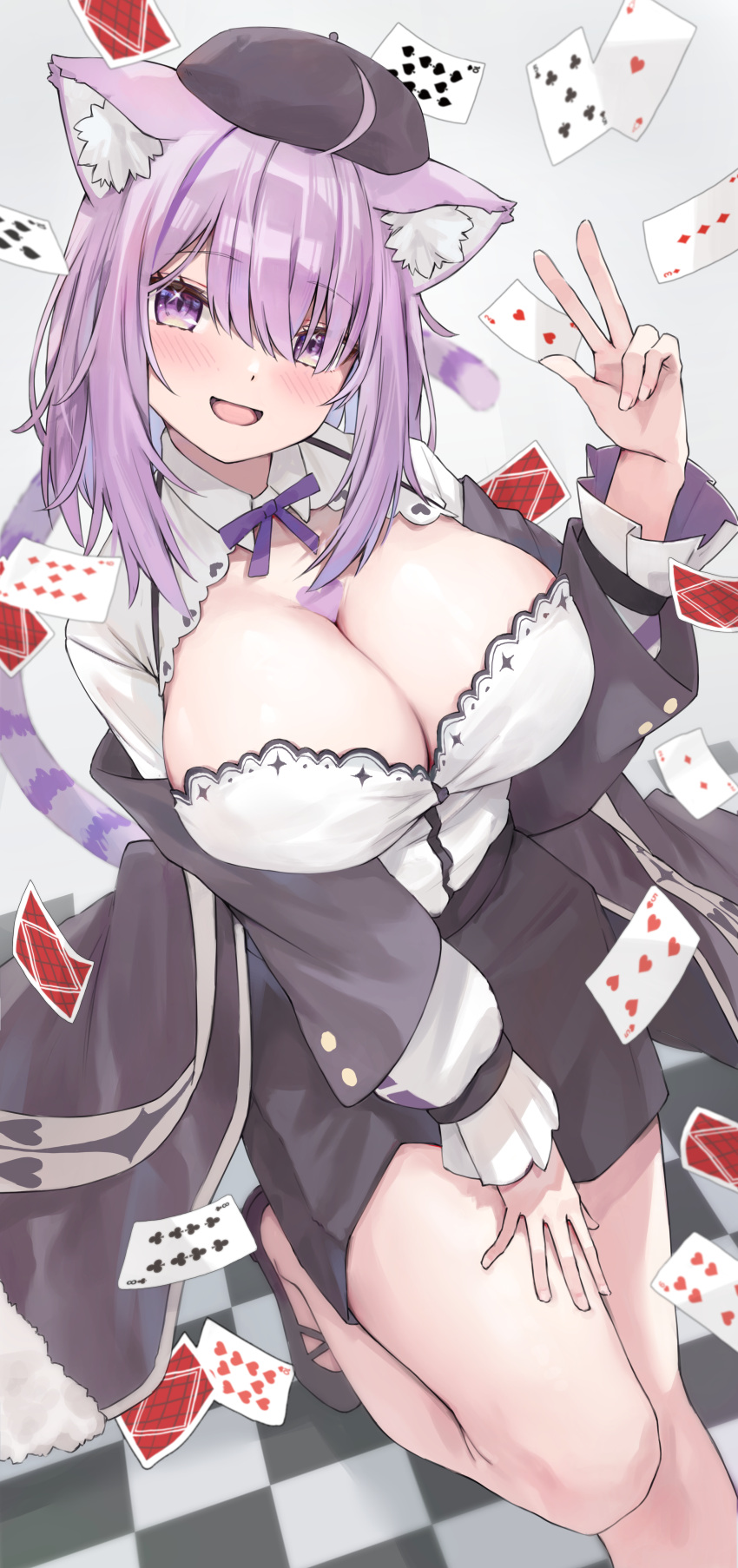 absurdres ace_(playing_card) ace_of_hearts ahoge animal_ear_fluff animal_ears beret black_coat black_footwear black_headwear black_shorts blush breasts card cat_ears cat_girl cat_tail cleavage cleavage_cutout clothing_cutout coat collared_shirt eight_of_clubs female five_of_hearts hat heart heart_on_chest highres hololive large_breasts looking_at_viewer medium_hair nekomata_okayu nekomata_okayu_(wonderland) official_alternate_costume open_mouth playing_card purple_eyes purple_hair riafel shirt shorts smile tail ten_of_clubs three_of_spades two_of_hearts virtual_youtuber w white_shirt