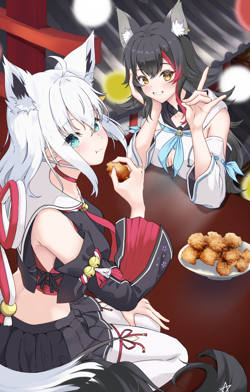 2girls :d :t absurdres ahoge animal_ear_fluff animal_ears aqua_eyes bell black_hair black_serafuku black_skirt black_sleeves blue_neckerchief breast_rest breasts breasts_on_table choker commentary_request cosplay costume_switch cropped_shirt detached_sleeves earrings eating flipped_hair floral_print food fox_ears fox_girl fox_shadow_puppet fox_tail front_slit grin hand_up highres hiragi_moka holding holding_food hololive hood hooded_vest hoodie jewelry jingle_bell kouhaku_nawa light_blush long_hair long_sleeves looking_at_viewer medium_breasts miniskirt multicolored_hair multiple_girls neckerchief ookami_mio ookami_mio_(1st_costume) ookami_mio_(cosplay) red_choker red_hair rope sailor_collar school_uniform serafuku shimenawa shirakami_fubuki shirakami_fubuki_(1st_costume) shirakami_fubuki_(cosplay) shirt sidelocks single_earring sitting skirt sleeveless sleeveless_shirt smile spiked_hair streaked_hair tabi tail thighhighs vest virtual_youtuber white_hair white_sailor_collar white_sleeves white_thighhighs wide_sleeves wolf_ears wolf_girl yellow_eyes