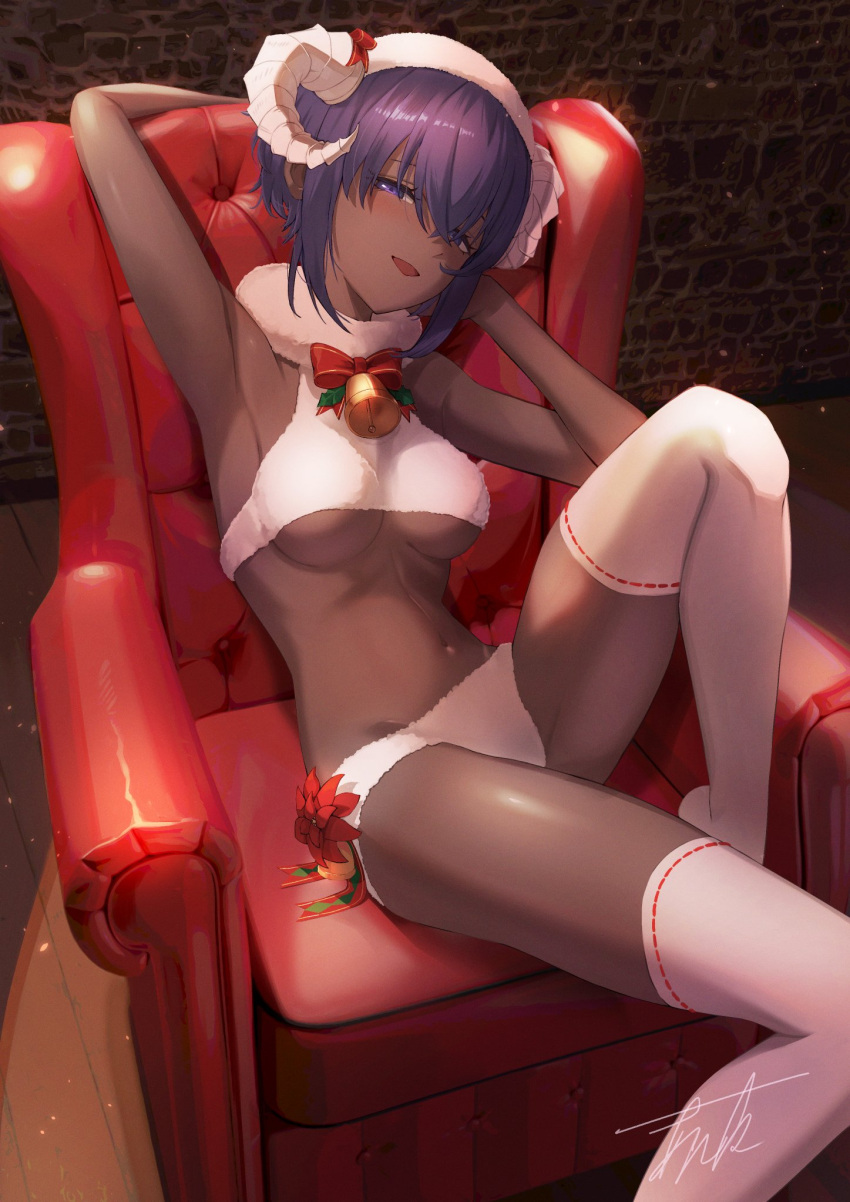 announ_(kurotya) bare_shoulders blush bra breasts chair dark-skinned_female dark_skin fate/grand_order fate_(series) female fur_bra hassan_of_serenity_(fate) hassan_of_serenity_(merry_sheep)_(fate) hat highres horns looking_at_viewer medium_breasts navel open_mouth panties purple_eyes purple_hair ribbon-trimmed_thighhighs ribbon_trim sheep_horns short_hair sidelocks smile solo thighhighs thighs underboob underwear white_bra white_hat white_panties white_thighhighs wool