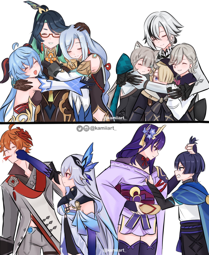 4boys 6+girls arlecchino_(genshin_impact) artist_name blood blood_from_mouth blue_hair brother_and_sister brothers closed_eyes cloud_retainer_(genshin_impact) family freminet_(genshin_impact) ganyu_(genshin_impact) genshin_impact grabbing_another's_hair grey_hair group_hug happy highres hug instagram_logo instagram_username japanese_clothes kamiiart lynette_(genshin_impact) lyney_(genshin_impact) mother_and_son multiple_boys multiple_girls orange_hair punching purple_hair raiden_shogun scaramouche_(genshin_impact) shenhe_(genshin_impact) siblings simple_background skirk_(genshin_impact) smile tartaglia_(genshin_impact) twitter_logo twitter_username wanderer_(genshin_impact) white_background xianyun_(genshin_impact)