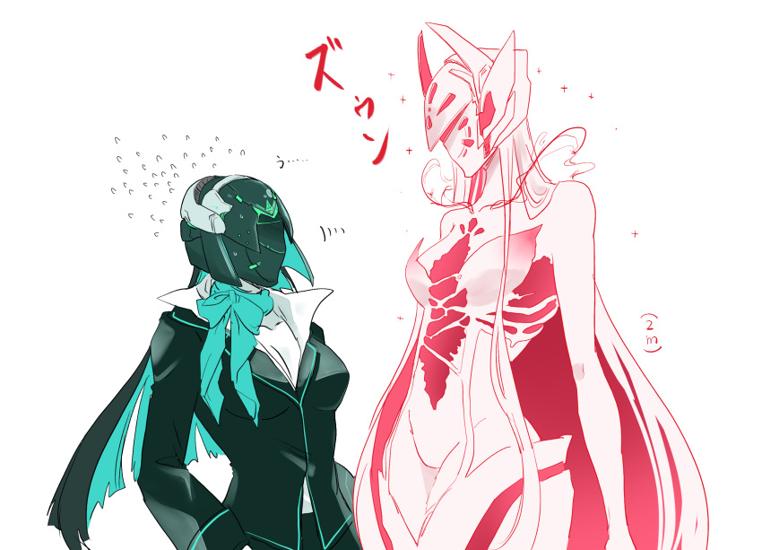 2girls allmind_(armored_core_6) aqua_hair armored_core armored_core_6 ayre_(armored_core_6) bare_shoulders black_hair black_jacket breasts cleavage colored_skin commentary_request flying_sweatdrops height_difference helmet highres jacket jojo05_rabbit09 medium_breasts multicolored_hair multiple_girls personification sparkle sweatdrop translation_request two-tone_hair white_hair white_skin