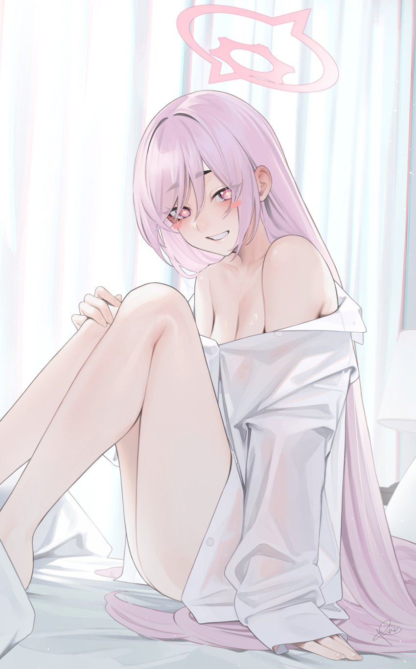 absurdly_long_hair absurdres after_sex bare_shoulders bed blue_archive blush breasts cleavage collarbone commentary female hair_down halo hand_on_own_knee highres knees_up koyuki_(blue_archive) long_hair looking_at_viewer off_shoulder ohisashiburi_(style) on_bed pillow pink_eyes pink_hair rerrere shirt smile solo star-shaped_pupils star_(symbol) symbol-shaped_pupils thick_eyebrows very_long_hair white_shirt