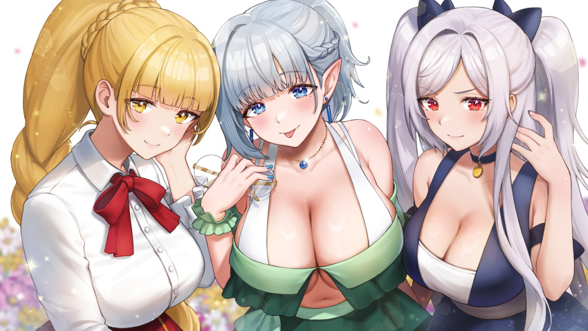 3girls :p absurdres alexia_midgar beta_(kage_no_jitsuryokusha_ni_naritakute!) black_choker blonde_hair blue_eyes blunt_bangs blush breasts choker cleavage closed_mouth collarbone commentary_request elf grey_hair has_bad_revision has_downscaled_revision highres huge_breasts jewelry kage_no_jitsuryokusha_ni_naritakute! large_breasts long_hair looking_at_viewer md5_mismatch mole mole_under_eye multiple_girls navel neck_ribbon necklace noixen pointy_ears red_eyes red_ribbon resolution_mismatch ribbon rose_oriana shirt short_hair smile source_smaller tongue tongue_out white_shirt yellow_eyes