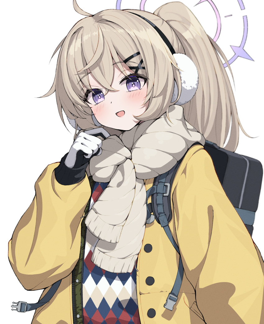 absurdres backpack bag black_gloves blonde_hair blue_archive blush commentary_request earmuffs female gloves halo highres jacket kotama_(blue_archive) kotama_(camp)_(blue_archive) long_hair long_sleeves looking_at_viewer no_eyewear okayusonmu open_clothes open_jacket open_mouth purple_eyes purple_halo scarf simple_background smile solo upper_body white_background white_scarf yellow_jacket