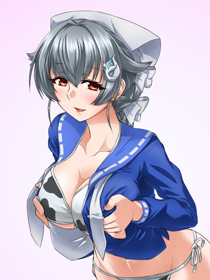 akito_(sub707) animal_print bandana bikini black_hair blue_serafuku blush braided_hair_rings breasts cow_print cow_print_bikini female hair_between_eyes hair_flaps hair_ornament hairband hairclip highres jingei_(kancolle) kantai_collection large_breasts lips long_hair looking_at_viewer low_ponytail navel neckerchief open_clothes open_mouth open_shirt print_bikini red_eyes school_uniform serafuku simple_background smile solo swimsuit two-tone_hairband upper_body whale_hair_ornament white_background white_bandana white_neckerchief