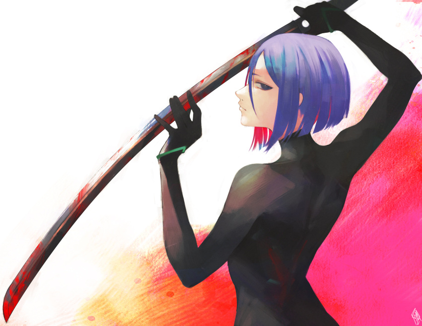 back black_bodysuit black_eyes bodysuit breasts fate/samurai_remnant fate_(series) female highres katana looking_at_viewer looking_back medium_breasts moedredd purple_hair short_hair solo sword ushi_gozen_(fate) ushi_gozen_(rider)_(fate) weapon