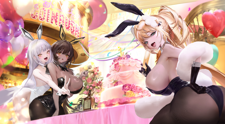 3girls alcohol animal_ears anniversary ass balloon bare_shoulders black_bow black_bowtie black_gloves black_leotard black_necktie black_pantyhose blanc_(nikke) blanc_(white_rabbit)_(nikke) bow bowtie breasts brown_hair cake champagne champagne_flute commentary cup dark-skinned_female dark_skin detached_collar drinking_glass english_commentary fake_animal_ears food fork from_behind fur-trimmed_shawl fur_trim gloves goddess_of_victory:_nikke green_eyes hand_on_own_hip heart_balloon highres holding holding_cup holding_fork large_breasts layer_cake leotard looking_at_viewer looking_back multiple_girls necktie noir_(black_rabbit)_(nikke) noir_(nikke) oerba_yun_fang official_alternate_costume official_alternate_hairstyle open_mouth pantyhose playboy_bunny rabbit_ears rupee_(nikke) rupee_(rabbit_deluxe)_(nikke) shawl short_necktie sideboob skin_fang smile strapless strapless_leotard thighs u06390073 v white_hair white_leotard white_shawl white_wings white_wrist_cuffs wing_hair_ornament wings wrist_cuffs yellow_eyes