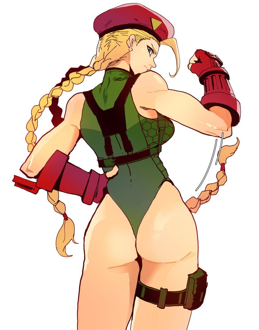 absurdres ahoge ass bare_shoulders beret blonde_hair braid cammy_white commentary female fingerless_gloves floating_hair from_behind frown gauntlets gloves green_leotard hand_on_own_hip hand_up harness hat highleg highleg_leotard highres huge_ahoge isaacchief300 leotard long_hair looking_at_viewer looking_back pouch profile simple_background solo street_fighter thigh_pouch thong_leotard toned twin_braids twintails very_long_hair white_background