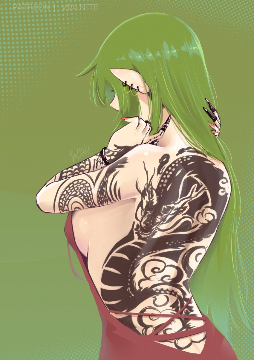 alternate_costume alternate_hairstyle back back_focus back_tattoo backless_dress backless_outfit bare_shoulders breasts commentary dragon_tattoo dress ear_piercing english_commentary eyelashes female fire_emblem fire_emblem_awakening from_behind green_background green_hair highres long_hair medium_breasts nail_polish patreon_username piercing pointy_ears red_dress red_nails sideboob signature simple_background solo tattoo tiki_(adult)_(fire_emblem) tiki_(fire_emblem) vialnite watermark