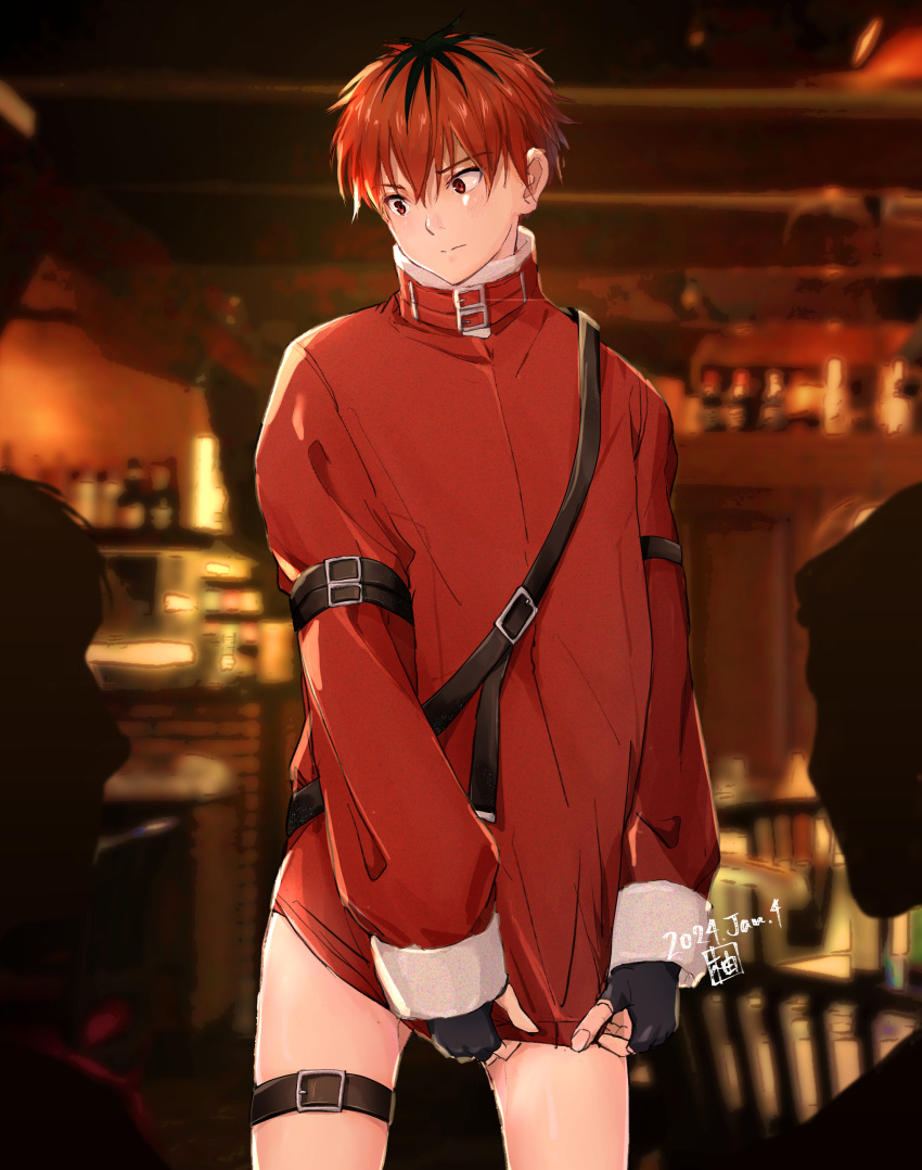 1boy absurdres arm_belt arm_wrap belt black_gloves black_hair bottomless cowboy_shot embarrassed fingerless_gloves fur_jacket gloves highres indoors jacket jacket_tug long_sleeves looking_down looking_to_the_side male_focus multicolored_hair red_hair red_jacket short_hair silhouette solo_focus sousou_no_frieren stark_(sousou_no_frieren) streaked_hair thigh_belt thigh_strap yuzuka-53