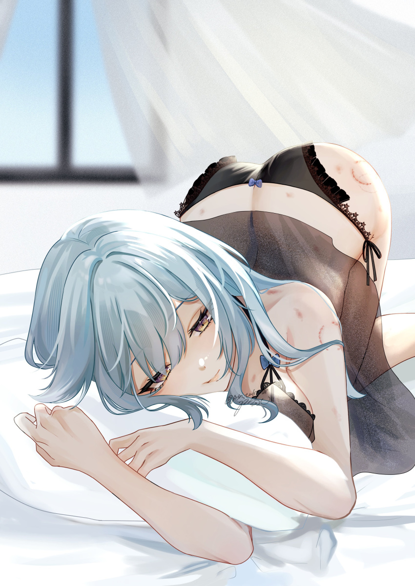 absurdres ass bed_sheet bite_mark bite_mark_on_ass black_panties blue_hair breasts eula_(genshin_impact) female genshin_impact gnsn_tukituki hair_between_eyes hickey highres lingerie lying medium_hair negligee on_bed on_stomach panties pillow solo thighs top-down_bottom-up underwear yellow_eyes