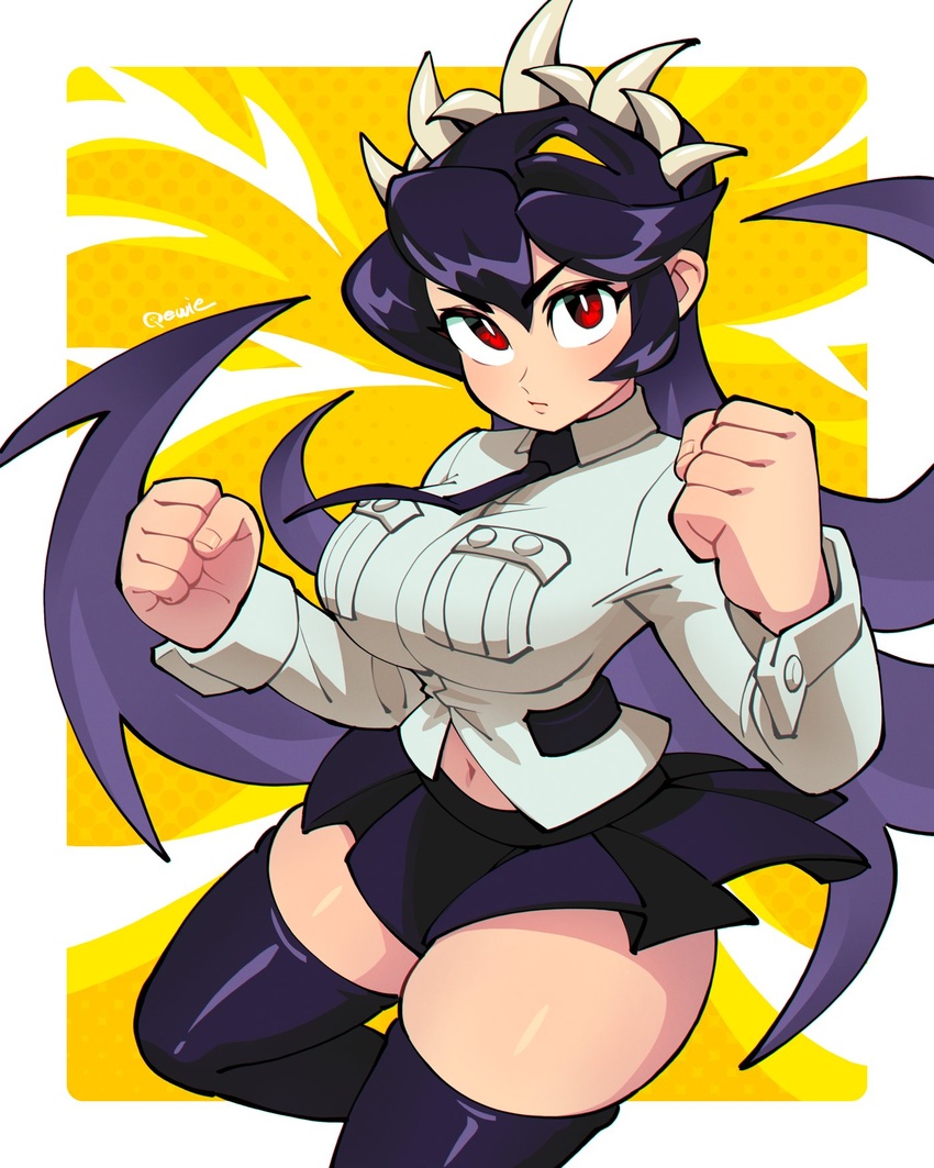 333_(dqqqdle) black_hair black_thighhighs breasts extra_mouth female filia_(skullgirls) futakuchi-onna highres large_breasts living_hair long_hair looking_at_viewer navel necktie prehensile_hair red_eyes school_uniform skirt skullgirls solo thick_thighs thighhighs thighs