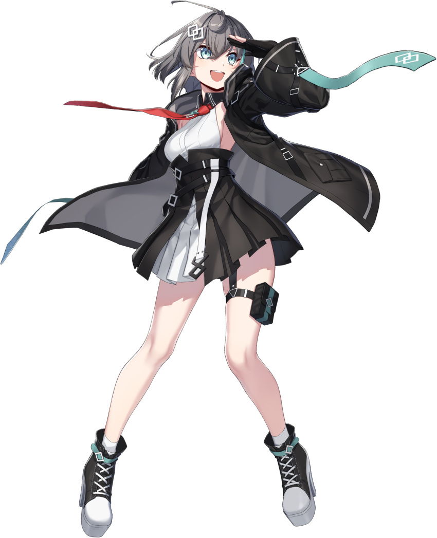 absurdres black_gloves blue_eyes counter:side female full_body gloves grey_hair hair_ornament highres jacket necktie noelle_(counter:side) official_art open_clothes open_jacket open_mouth partially_fingerless_gloves pleated_skirt pouch red_necktie short_hair skirt tachi-e thigh_pouch transparent_background