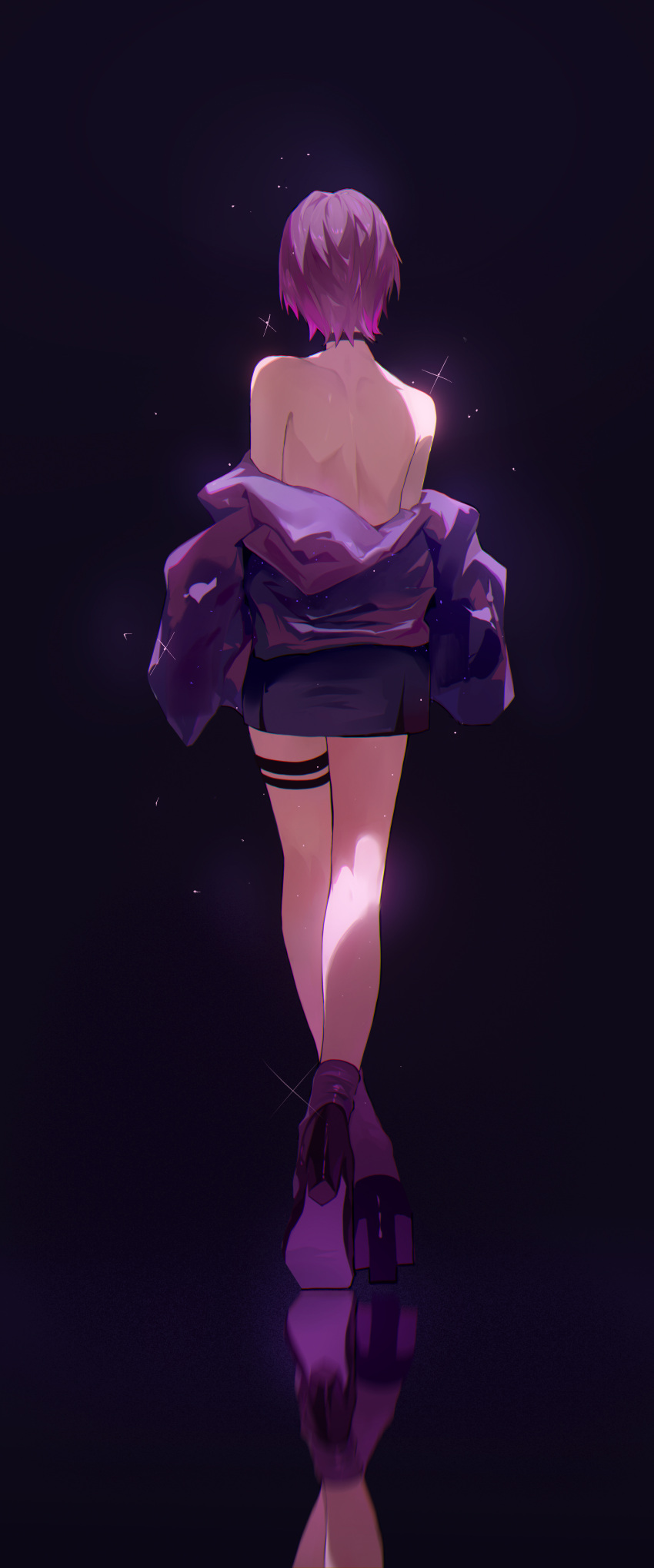 a-soul absurdres back carol_(a-soul) dark_background facing_away female full_body high_heels highres jacket off_shoulder pencil_skirt purple_footwear purple_hair purple_jacket purple_skirt reflective_floor short_hair skirt solo sparkle thigh_strap virtual_youtuber zzz_zhi_he