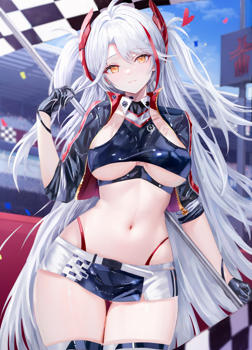 absurdres age_fx ahoge ass_visible_through_thighs azur_lane black_gloves breasts checkered_flag closed_mouth commentary_request contrapposto cowboy_shot crop_top cropped_jacket female flag flagpole gloves grey_hair highleg highleg_panties highres iron_blood_(emblem) long_hair looking_at_viewer medium_breasts miniskirt navel official_alternate_costume orange_eyes panties prinz_eugen_(azur_lane) prinz_eugen_(final_lap)_(azur_lane) race_queen skirt smile solo stomach straight-on thigh_gap thighhighs thighs two_side_up underboob underwear very_long_hair yellow_eyes