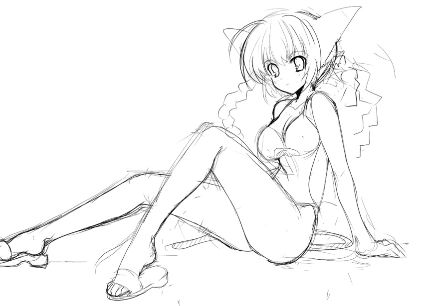 animal_ears bikini cat_ears copyright_request female greyscale monochrome shijou_sadafumi sketch solo swimsuit tail