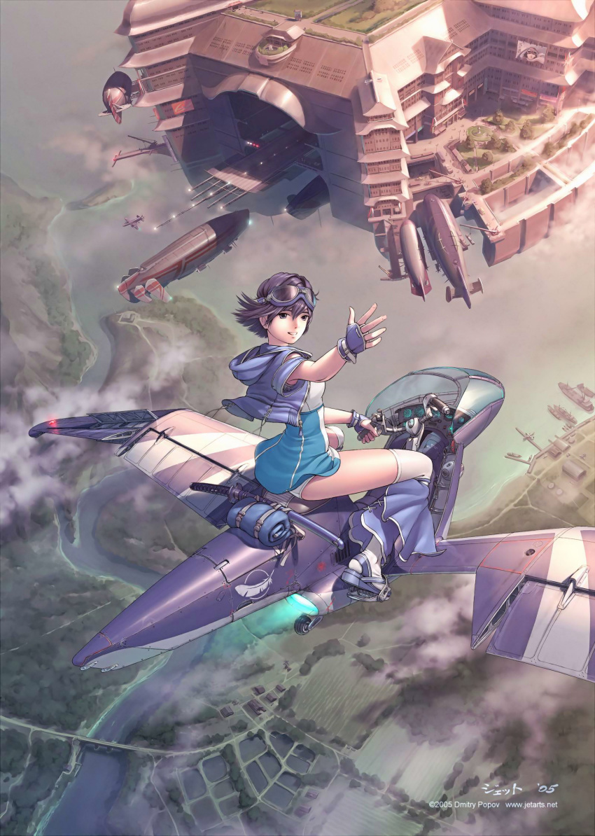 aircraft airplane bridge dirigible dmitry_popov duplicate female fingerless_gloves floating_castle flying gloves highres isle_of_winds original outdoors panties rice_paddy river scenery ship solo third-party_edit underwear water watercraft yumi_(isle_of_winds)