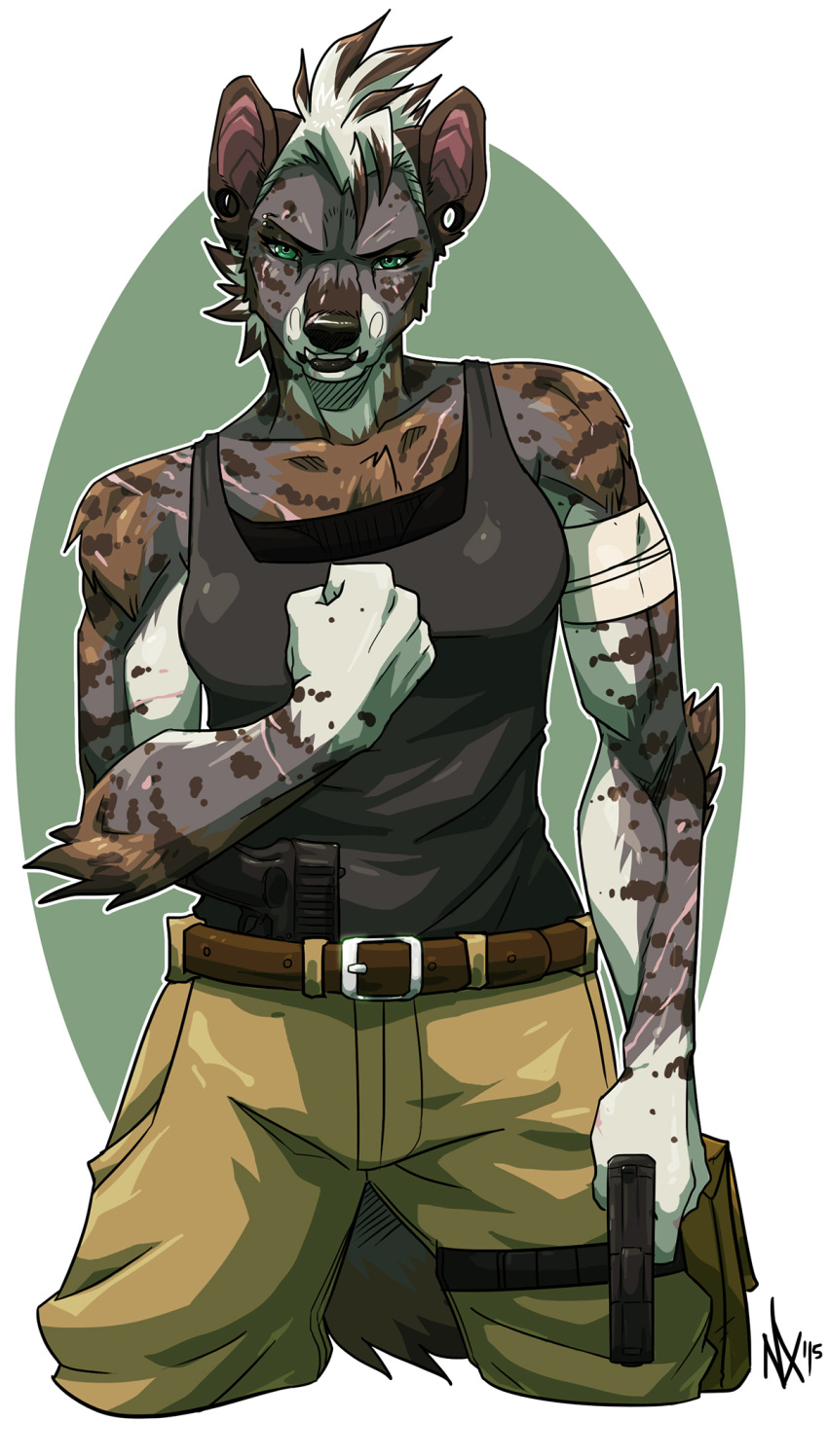 2015 5_fingers anthro belt belt_buckle biceps brown_spots buckle clothed clothing ear_piercing female fingers fist fur green_eyes gun hair handgun hi_res hyena looking_at_viewer mammal nexsix piercing pistol ranged_weapon solo spots spotted_hyena sybil_(deathhydra) tomboy weapon