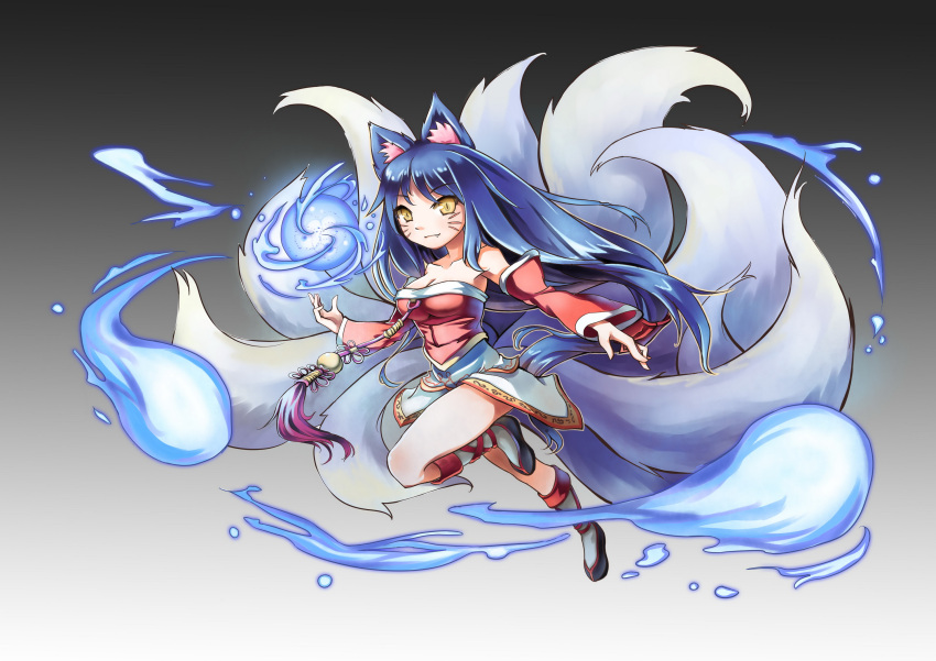 ahri_(lol) animal_humanoid armwear bare_shoulders black_body black_fur blue_hair breasts canid canid_humanoid canine canine_humanoid cleavage clothed clothing detached_sleeves fangs female fox fox_humanoid fox_tail fur glowing gold_(metal) hair hi_res humanoid kitsunebi league_of_legends long_hair looking_at_viewer magic magic_user mammal mammal_humanoid multi_tail riot_games sleeves smile solo spiral swirling tail tamashii_yuu teeth tencent whiskers white_body white_fur yellow_eyes