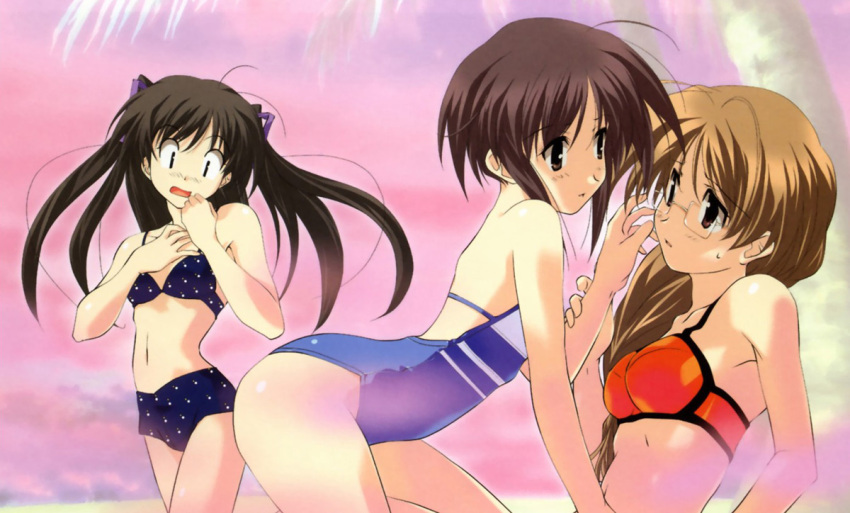 3girls bikini black_eyes braid brown_eyes brown_hair eye_contact futakoi glasses ichijou_kaoruko long_hair looking_at_another momoi_mai multiple_girls polka_dot polka_dot_bikini sakurazuki_yura sasaki_mutsumi short_hair swimsuit yuri