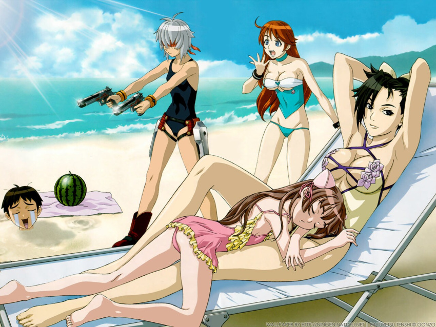 1boy 4girls amy_(bakuretsu_tenshi) animal_ears aoki_tomoyuki aqua_bikini aqua_choker aqua_eyes armpits arms_up ass bakuretsu_tenshi bare_arms bare_legs bare_shoulders barefoot beach bikini black_eyes black_hair blanket blindfold blue_sky boots breasts brown_hair casual_one-piece_swimsuit choker cleavage closed_eyes closed_mouth cloud cloudy_sky cowboy_boots crying day everyone feet flat_chest food frilled_one-piece_swimsuit frills fruit furrowed_brow gonzo_(studio) grey_hair gun handgun holster horiuchi_osamu horizon jo_(bakuretsu_tenshi) kai_keiko large_breasts legs long_bangs long_hair lowleg lowleg_bikini lying meg_(bakuretsu_tenshi) multiple_girls nattoli ocean official_art one-piece_swimsuit open_mouth orange_hair outdoors pink_one-piece_swimsuit scan seductive_smile sei_(bakuretsu_tenshi) short_hair sky sleeping sleeping_on_person smile smoke smoking_barrel standing strapless strapless_bikini streaming_tears suikawari swimsuit tachibana_kyohei tankini tears third-party_edit third-party_watermark underboob very_short_hair watermark watermelon waves weapon