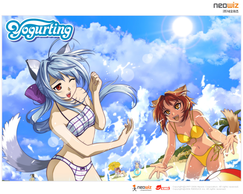 1boy 4girls animal_ears ball beach beachball bianka bikini blue_hair china_(yogurting) cloud day dog_ears eika_(artist) flat_chest happy innertube karen_(yogurting) lens_flare long_hair multiple_girls one_eye_closed outdoors plaid plaid_bikini ponytail red_hair short_hair side-tie_bikini_bottom sky souchong splashing suiren_(yogurting) sun swim_ring swimsuit tail umbrella wading water yellow_eyes yogurting