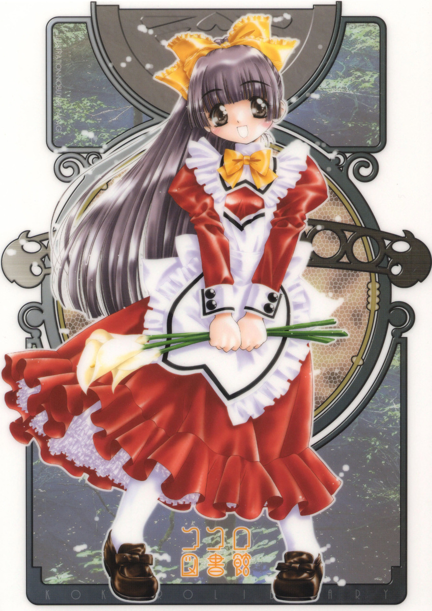 :d absurdres apron blush bow bowtie brown_eyes brown_hair calla_lily copyright_name dress female flower frilled_apron frills full_body highres holding holding_flower juliet_sleeves kokoro_(kokoro_toshokan) kokoro_toshokan long_hair long_sleeves looking_at_viewer open_mouth ponytail puffy_sleeves red_dress shoes smile solo takagi_nobuyuki white_legwear yellow_bow