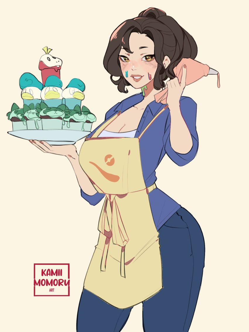 apron artist_name blue_shirt blush breasts brown_eyes brown_hair character-themed_food cleavage collared_shirt commentary cupcake english_commentary female food food_on_face fuecoco highres holding holding_pastry_bag kamii_momoru mature_female nail_polish open_clothes open_shirt paldea_mother pants pastry_bag pokemon pokemon_sv quaxly shirt simple_background smile solo sprigatito themed_object yellow_apron