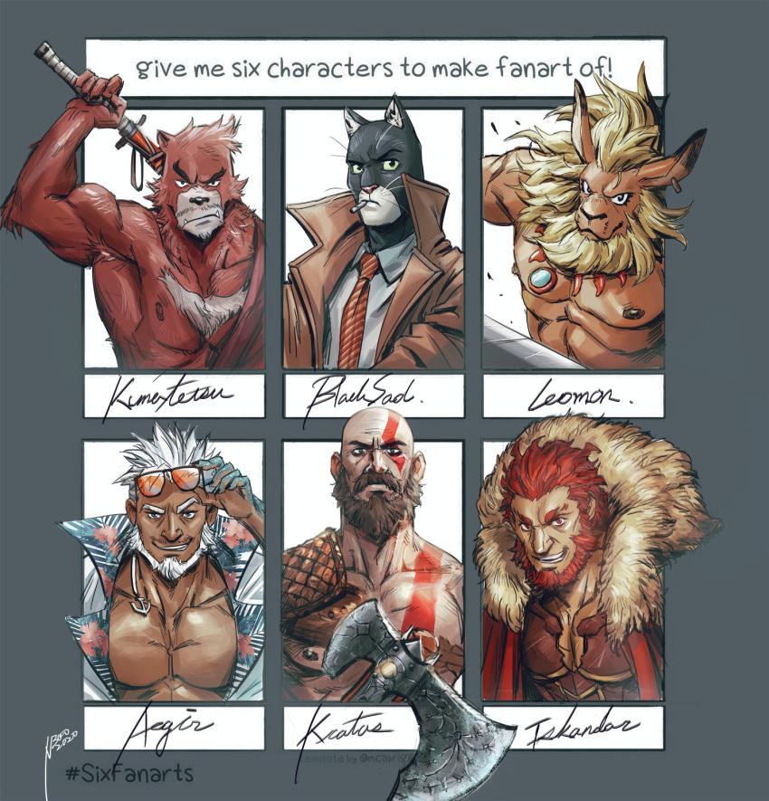 6+boys aegir_(housamo) anchor_earrings animal_ears aqua_hair armor axe bakemono_no_ko bald bara bare_pectorals bear_boy bear_ears beard biceps blacksad_(comic) blue_eyes bodypaint breastplate cape cat_boy cat_ears character_name chest_hair cigarette clothing_cutout commentary crossover dark-skinned_male dark_skin digimon digimon_(creature) earrings english_commentary english_text eyewear_on_head facial_hair fangs fate/zero fate_(series) forked_eyebrows front_slit fur-trimmed_cape fur_trim furry furry_male god_of_war grin hadanugi_dousa highres holding holding_axe holding_sword holding_weapon iskandar_(fate) japanese_clothes jewelry john_blacksad kimono kratos_(god_of_war) kumatetsu leather leomon lion_boy looking_at_viewer male_focus mature_male multicolored_hair multiple_boys multiple_crossover multiple_drawing_challenge muscular muscular_male necktie nick300 nipples open_clothes open_shirt pectoral_cleavage pectorals red_eyes red_fur red_hair red_kimono short_hair single_earring six_fanarts_challenge smile streaked_hair sunglasses sword thick_eyebrows tokyo_afterschool_summoners upper_body weapon white_hair