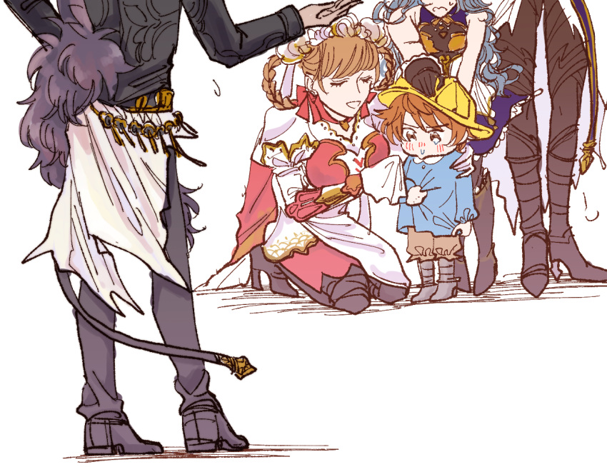 2boys 3girls animal_ears belial_(granblue_fantasy) brown_hair commentary_request crying erune feather_boa ferry_(granblue_fantasy) gran_(granblue_fantasy) granblue_fantasy juliet_(granblue_fantasy) kindergarten_uniform lolicon long_sleeves looking_down multiple_boys multiple_girls out_of_frame sandalphon_(granblue_fantasy) simple_background tandem tears white_background