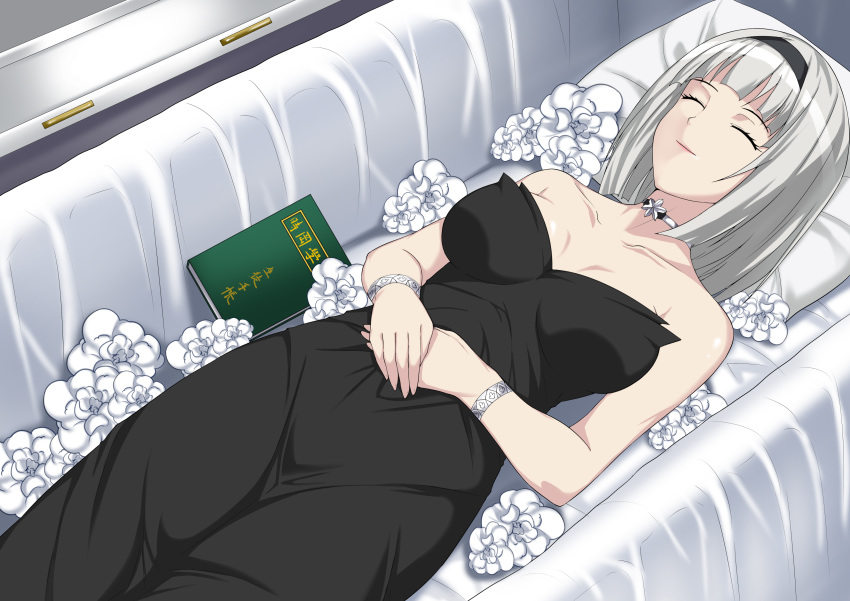 absurdres anna_nishikinomiya black_dress book bracelet breasts chinese_commentary choker closed_eyes closed_mouth coffin commentary corpse dress english_commentary female flower funeral funeral_dress grey_hair hairband highres jewelry large_breasts lazy_tiger matsuki_miyu mixed-language_commentary photoshop_(medium) shimoneta_to_iu_gainen_ga_sonzai_shinai_taikutsu_na_sekai short_hair smile solo voice_actor_connection