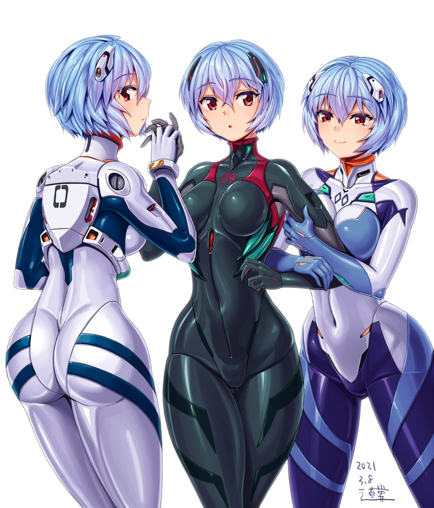 3girls :o ass ass_visible_through_thighs ayanami_rei black_bodysuit blue_bodysuit blue_hair bodysuit breast_press breasts commentary covered_navel dated evangelion:_3.0+1.0_thrice_upon_a_time evangelion:_3.0_you_can_(not)_redo hair_between_eyes headgear highres holding_another's_arm interface_headset looking_back looking_to_the_side medium_breasts michi_kuso multicolored_bodysuit multicolored_clothes multiple_girls multiple_persona neon_genesis_evangelion pilot_suit plugsuit rebuild_of_evangelion red_eyes science_fiction short_hair signature simple_background skin_tight smile standing two-tone_bodysuit white_background