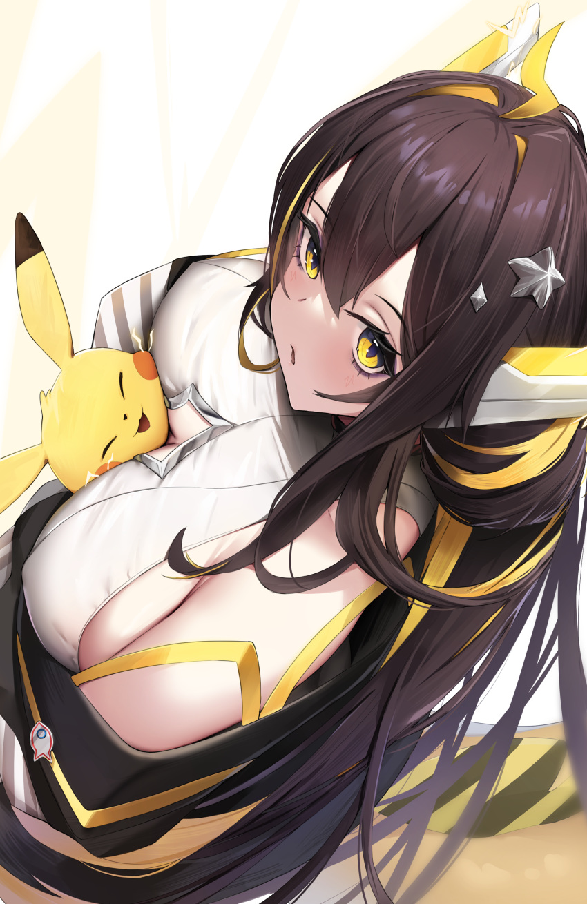 absurdres bare_shoulders black_hair blonde_hair blush breasts female from_above highres idol_corp juna_unagi large_breasts long_hair looking_at_viewer looking_up multicolored_hair parted_lips pikachu pokemon pokemon_(creature) skai_kun smile streaked_hair virtual_youtuber