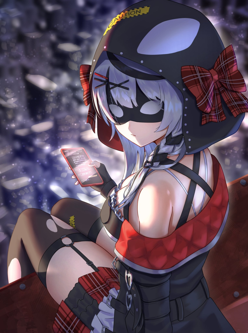 animal_hood ao_ne bad_id bad_pixiv_id bare_shoulders black_gloves black_jacket black_thighhighs bow braid breasts camisole cellphone closed_mouth covered_eyes eye_mask female fingerless_gloves frilled_camisole frills from_behind garter_straps gloves hair_ornament hairclip highres holding holding_phone hololive hood hood_up jacket large_breasts long_hair looking_at_viewer looking_back multicolored_hair orca_hood outdoors phone plaid plaid_bow plaid_skirt red_nails red_skirt rooftop sakamata_chloe sakamata_chloe_(1st_costume) single_braid sitting skirt smartphone solo streaked_hair thighhighs thighs torn_clothes torn_thighhighs virtual_youtuber white_hair x_hair_ornament