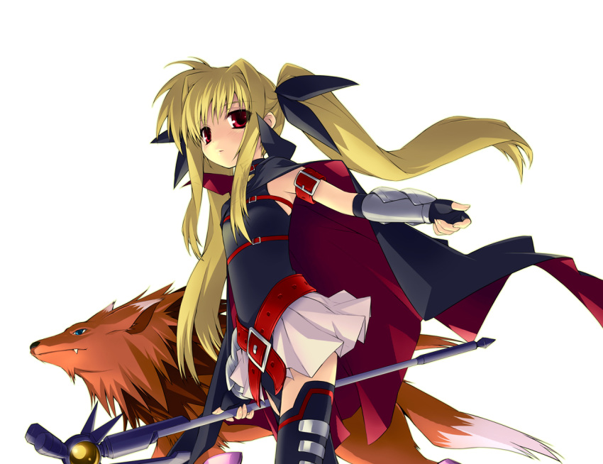 arf arm_belt bad_id bad_pixiv_id bardiche_(assault_form)_(nanoha) bardiche_(nanoha) belt black_cape black_gloves black_leotard black_ribbon black_thighhighs blonde_hair cape fate_testarossa fate_testarossa_(lightning_form) female fingerless_gloves gauntlets gloves gotou_nao hair_ribbon holding holding_staff leotard long_hair looking_at_viewer lyrical_nanoha magical_girl mahou_shoujo_lyrical_nanoha miniskirt parted_lips pink_skirt print_thighhighs red_belt red_eyes ribbon simple_background skirt sleeveless staff standing thighhighs twintails very_long_hair white_background wind wolf