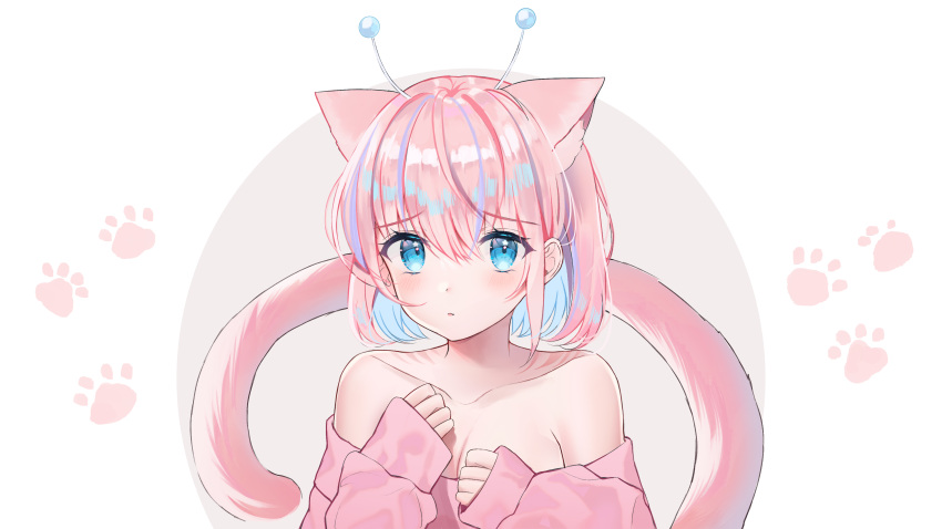 absurdres animal_ears antennae bad_id bad_pixiv_id blue_eyes blue_hair breasts cat_ears cat_girl cat_tail cleavage clenched_hands collarbone commission english_commentary female hair_behind_ear highres kemonomimi_mode manaka_umio multicolored_hair myholo_tv off-shoulder_sweater off_shoulder paw_print purple_hair short_hair solo streaked_hair sweater tail virtual_youtuber yagen_(user_mxur3238)