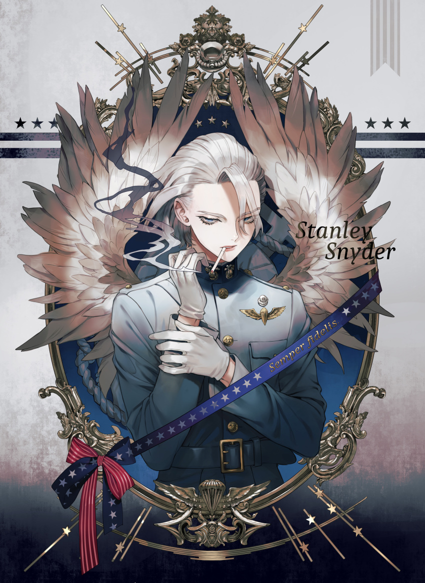 1boy absurdres blue_eyes buttons cigarette commentary_request copyright_name cross dr._stone feathered_wings formal gloves grey_background highres hs2 jacket long_sleeves male_focus medal military military_uniform mouth_hold smoking solo spoilers stanley_snyder_(dr.stone) star_(symbol) uniform white_gloves white_hair wings