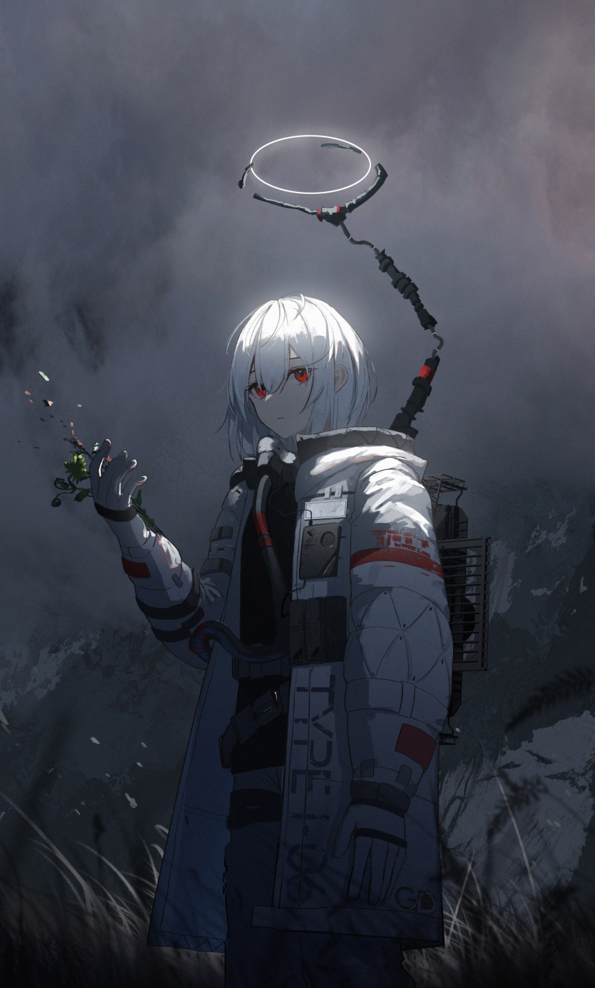 absurdres asteroid_ill cloud cloudy_sky coat dark feet_out_of_frame female flower gloves halo highres holding holding_flower light observer_(asteroid_ill) open_clothes open_coat original red_eyes sky solo standing white_coat white_gloves white_hair wilted_flower wind