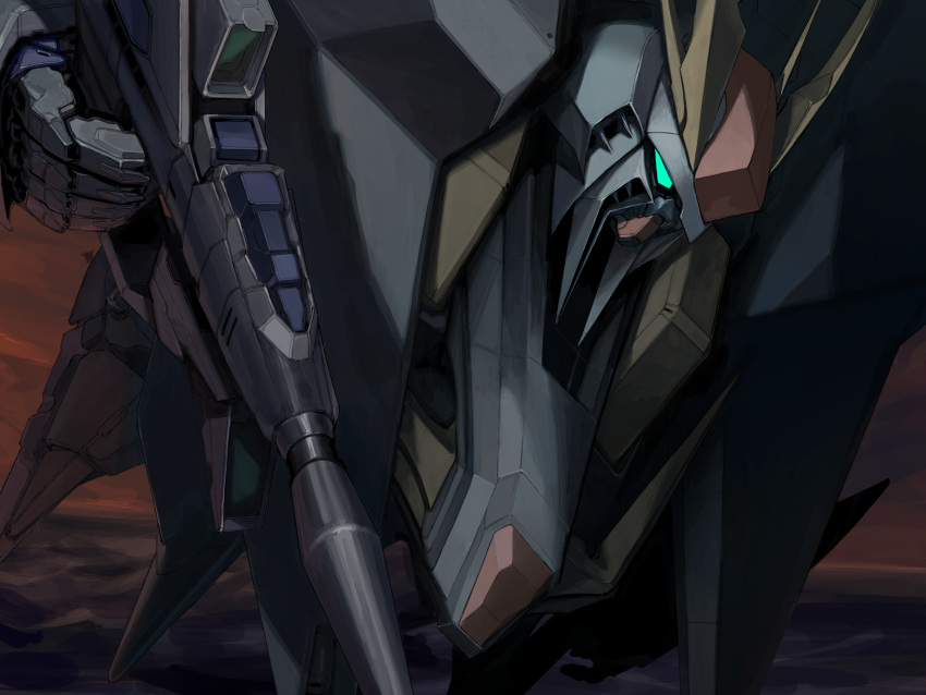 bad_id bad_pixiv_id close-up commentary flying green_eyes gun gundam gundam_hathaway's_flash highres holding holding_gun holding_weapon mecha mobile_suit no_humans orrdriver robot science_fiction solo sunset v-fin weapon xi_gundam