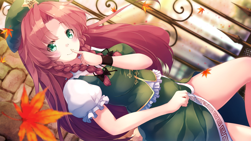 autumn_leaves beret black_bow blush bow braid breasts commentary_request cowboy_shot dutch_angle female finger_to_mouth frills gengetsu_chihiro green_eyes green_hat green_skirt green_vest hairbow hand_up hat hat_ornament highres hong_meiling index_finger_raised long_hair looking_at_viewer medium_breasts outdoors photoshop_(medium) puffy_short_sleeves puffy_sleeves red_hair shirt short_sleeves side_slit skirt skirt_set smile solo standing star_(symbol) star_hat_ornament thighs touhou twin_braids vest white_shirt